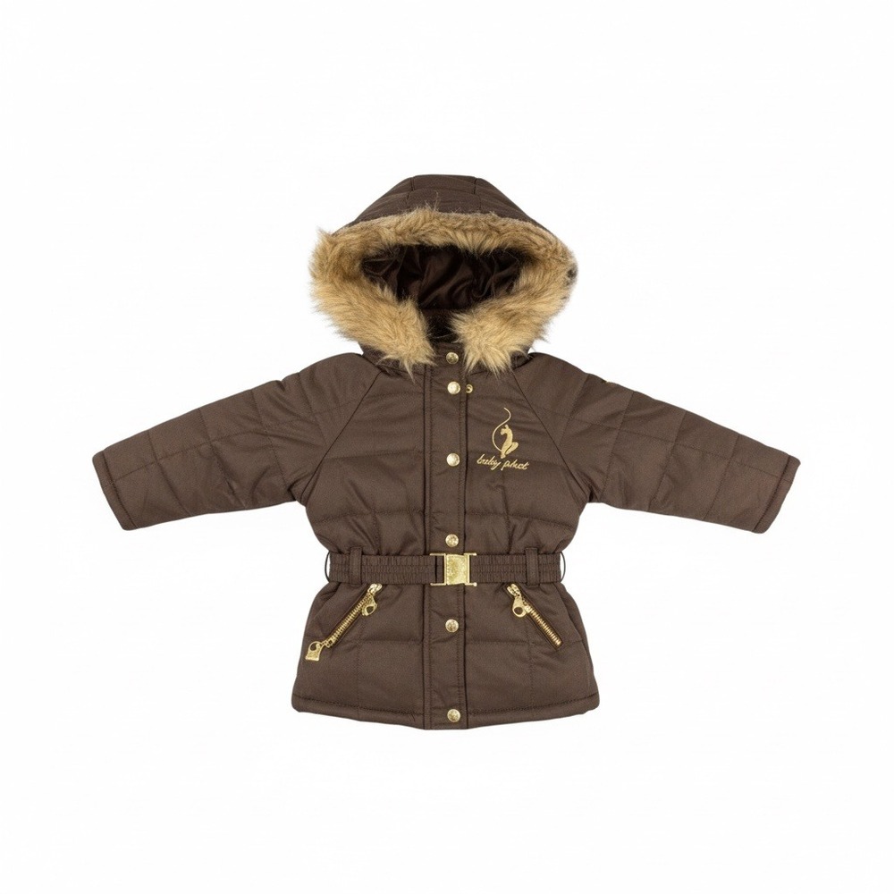 Vintage Baby Phat Girls Brown Hooded Puffer Jacket with Fur Trim and Belt 3T NEW